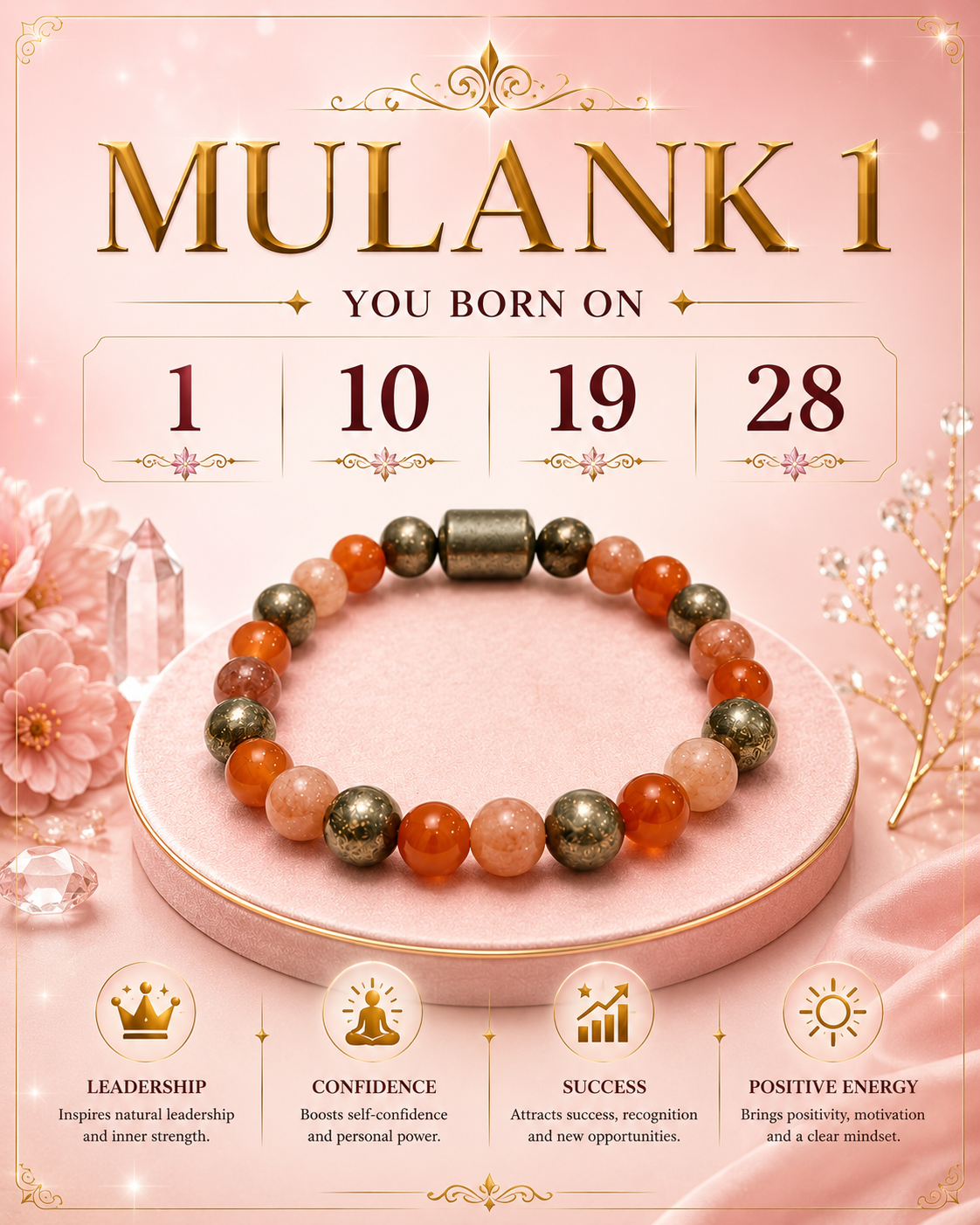 Mulank 1 Bracelet for Birth Dates 1, 10, 19 & 28 | Free Raw Selenite Plate (With Certificate)
