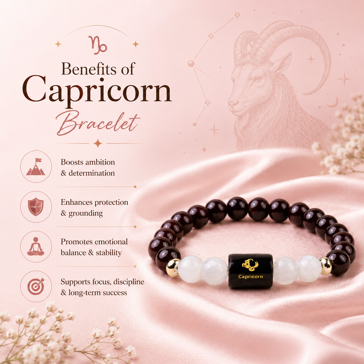 Capricorn (मकर राशि) Zodiac Garnet & Milky Quartz Bracelet (With Certificate)