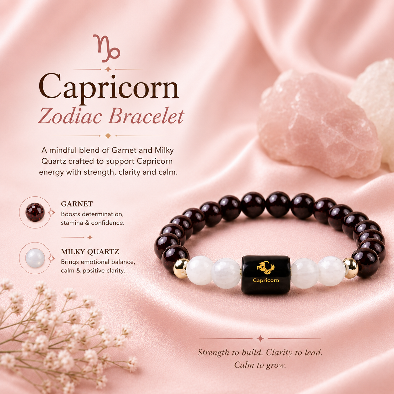 Capricorn (मकर राशि) Zodiac Garnet & Milky Quartz Bracelet (With Certificate)