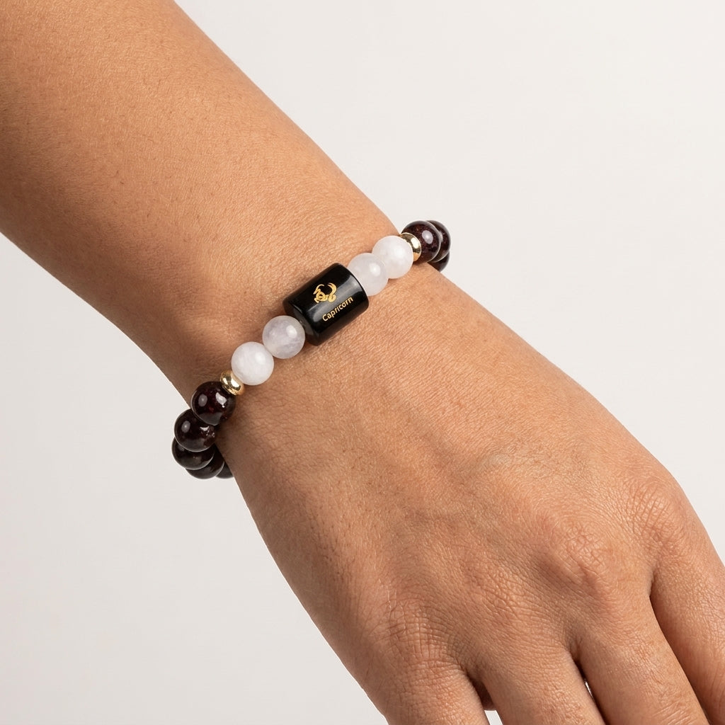 Capricorn (मकर राशि) Zodiac Garnet & Milky Quartz Bracelet (With Certificate)