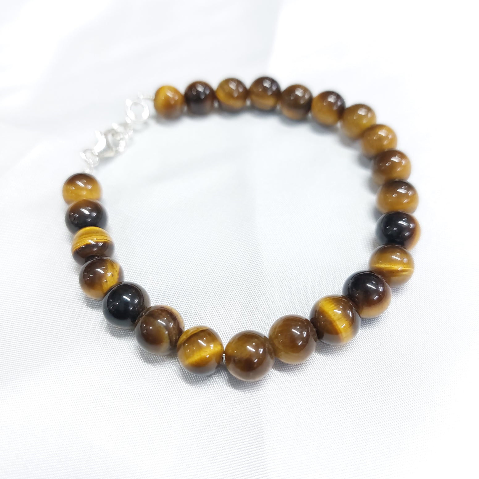 Tiger Eye Round Bead Bracelet With Silver Wire And Silver Lock With Adjustable Lock