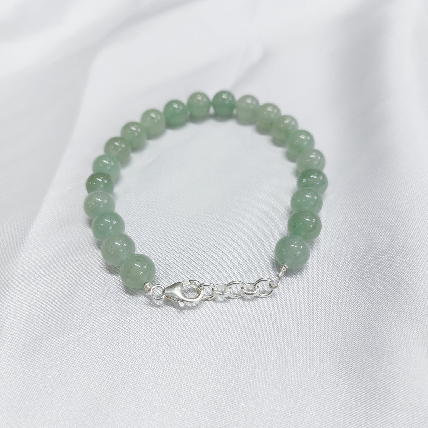 Green Aventurine Round Bead Bracelet With Silver Wire And Silver Lock With Adjustable Lock