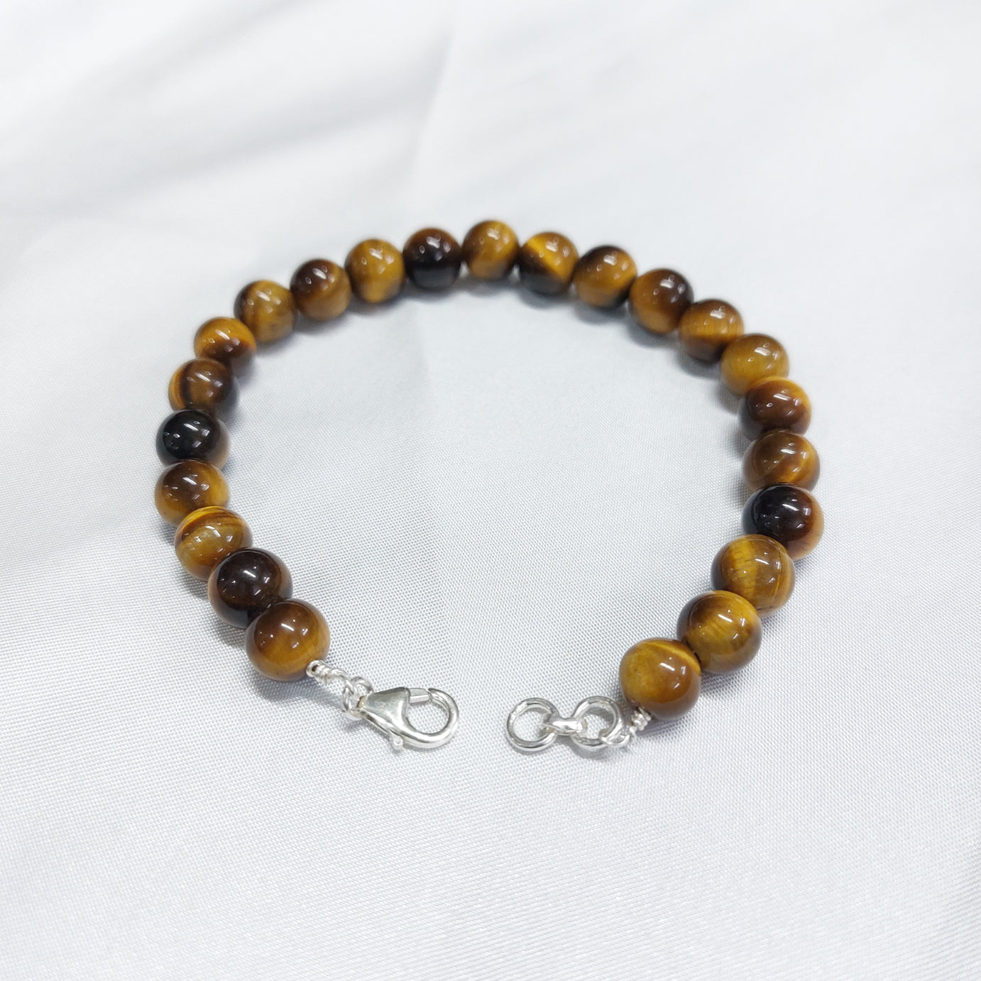 Tiger Eye Round Bead Bracelet With Silver Wire And Silver Lock With Adjustable Lock