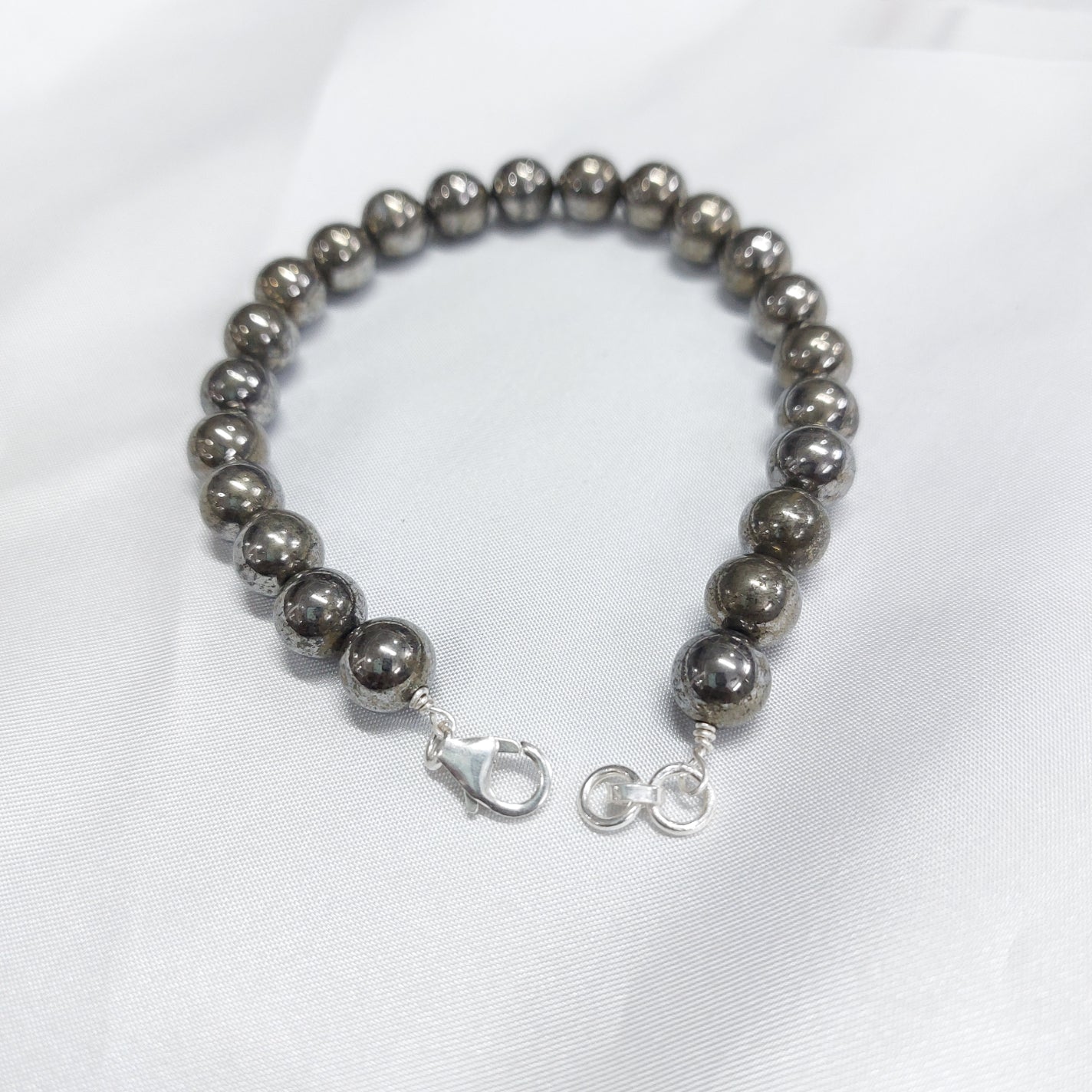 Pyrite Round Bead Bracelet  With Silver Wire And Silver Lock With Adjustable Lock