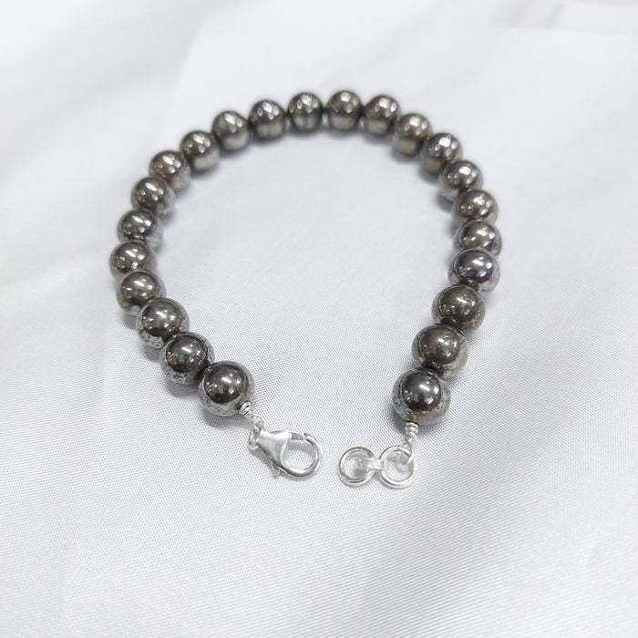 Pyrite Round Bead Bracelet With Silver Lock With Adjustable Lock