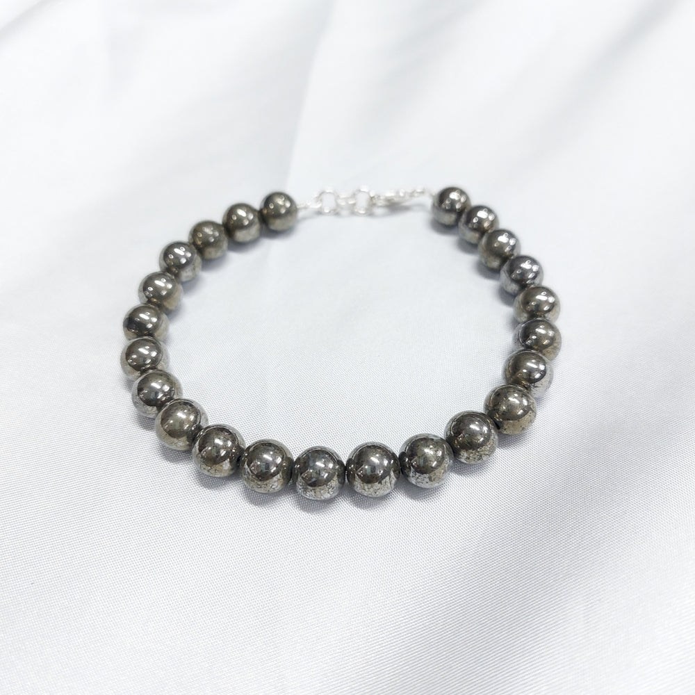 Pyrite Round Bead Bracelet With Silver Lock With Adjustable Lock