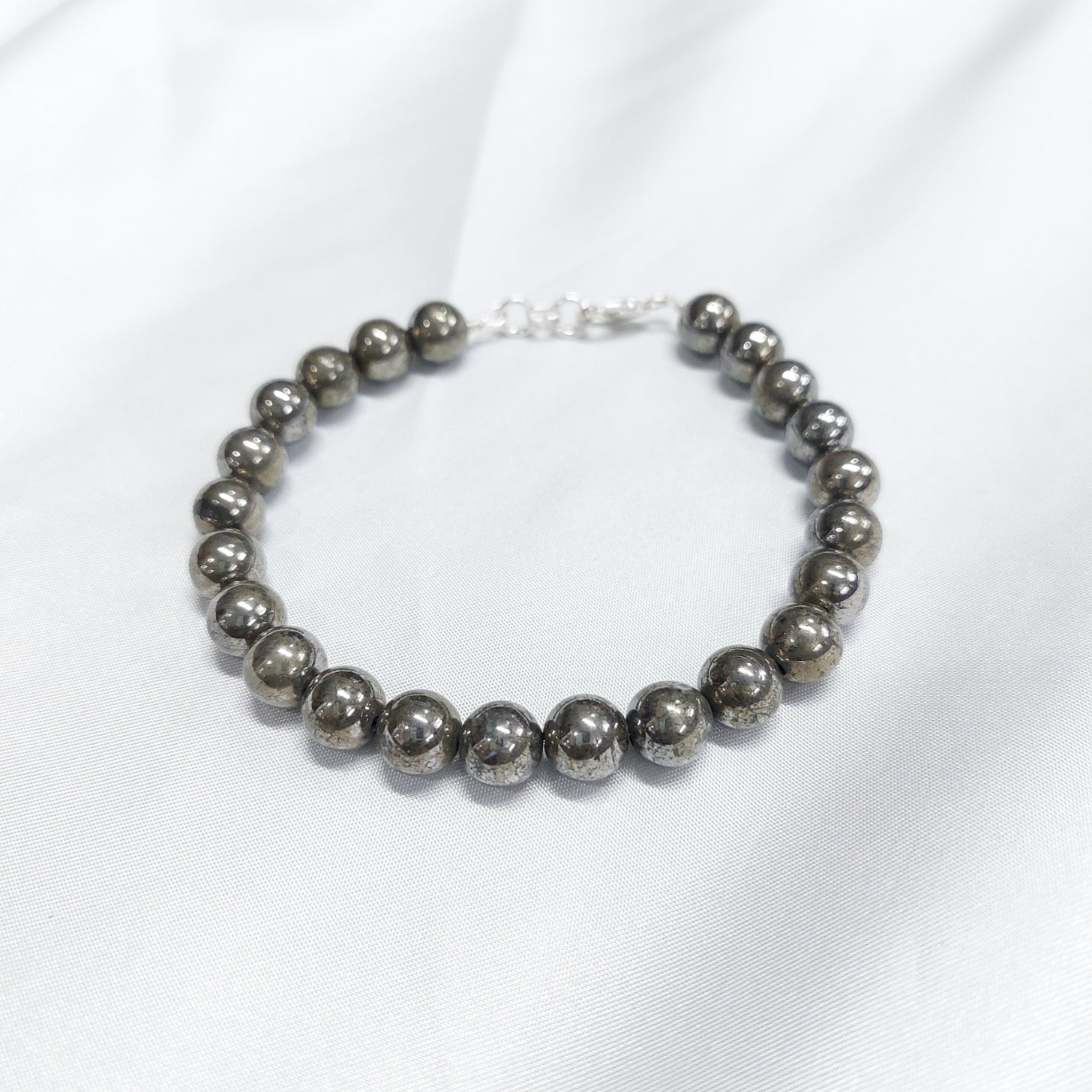 Pyrite Round Bead Bracelet  With Silver Wire And Silver Lock With Adjustable Lock