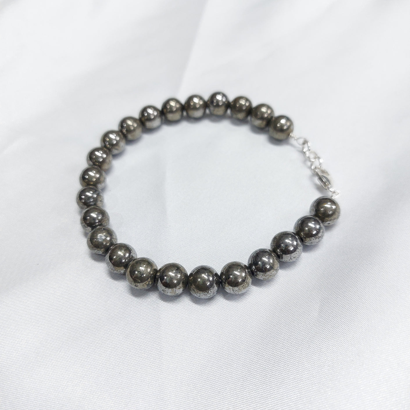 Pyrite Round Bead Bracelet  With Silver Wire And Silver Lock With Adjustable Lock