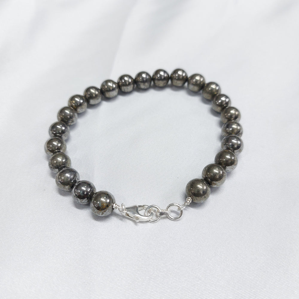 Pyrite Round Bead Bracelet With Silver Lock With Adjustable Lock