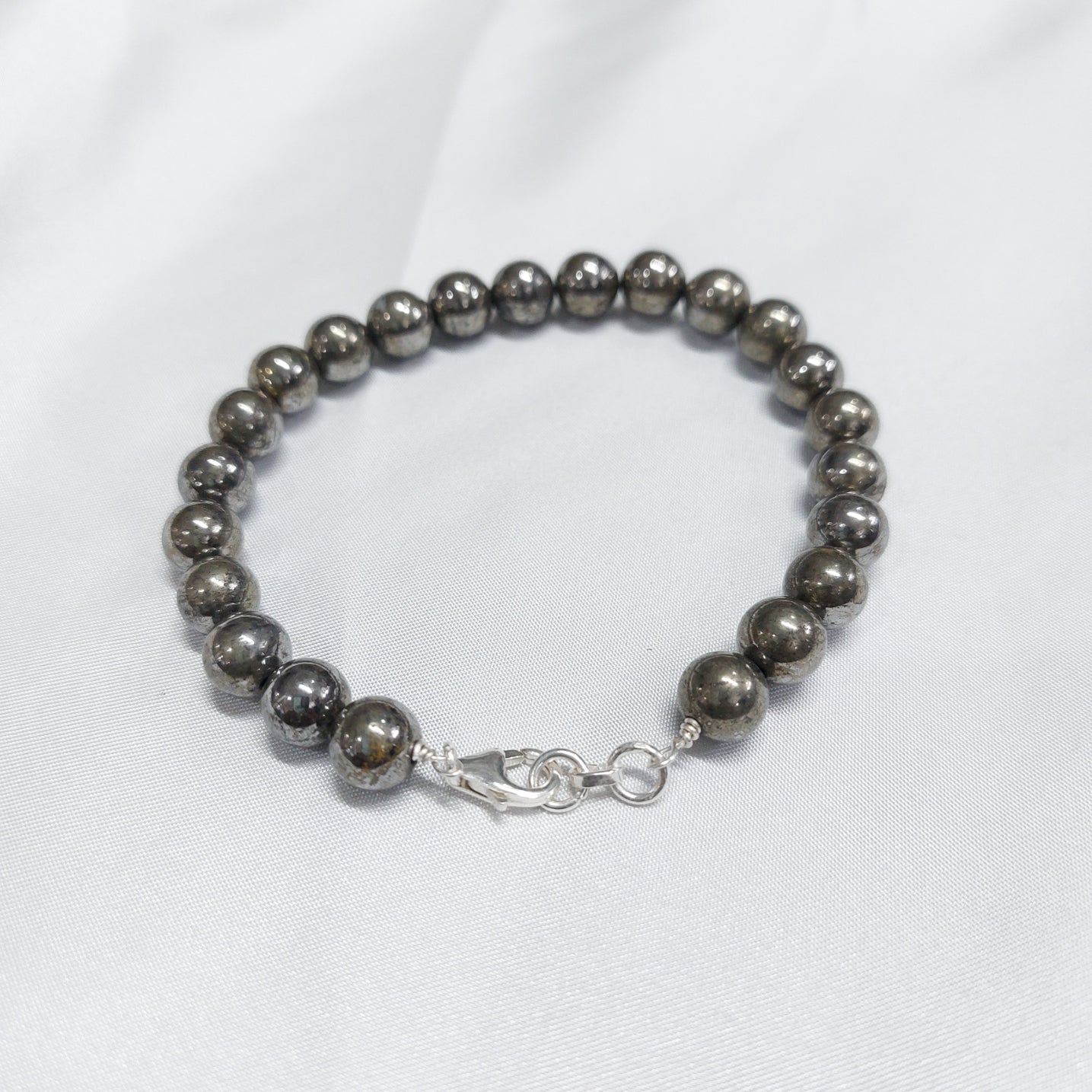 Pyrite Round Bead Bracelet  With Silver Wire And Silver Lock With Adjustable Lock