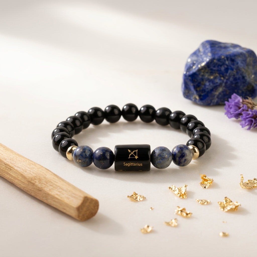 Sagittarius (धनु राशि) Zodiac Black Obsidian & Lapis Lazuli Bracelet (With Certificate)