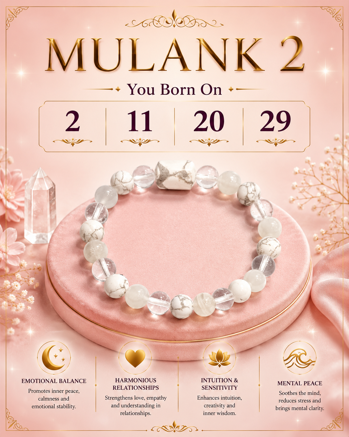 Mulank 2 Bracelet for Birth Dates 2, 11, 20 & 29 | Free Raw Selenite Plate (With Certificate)