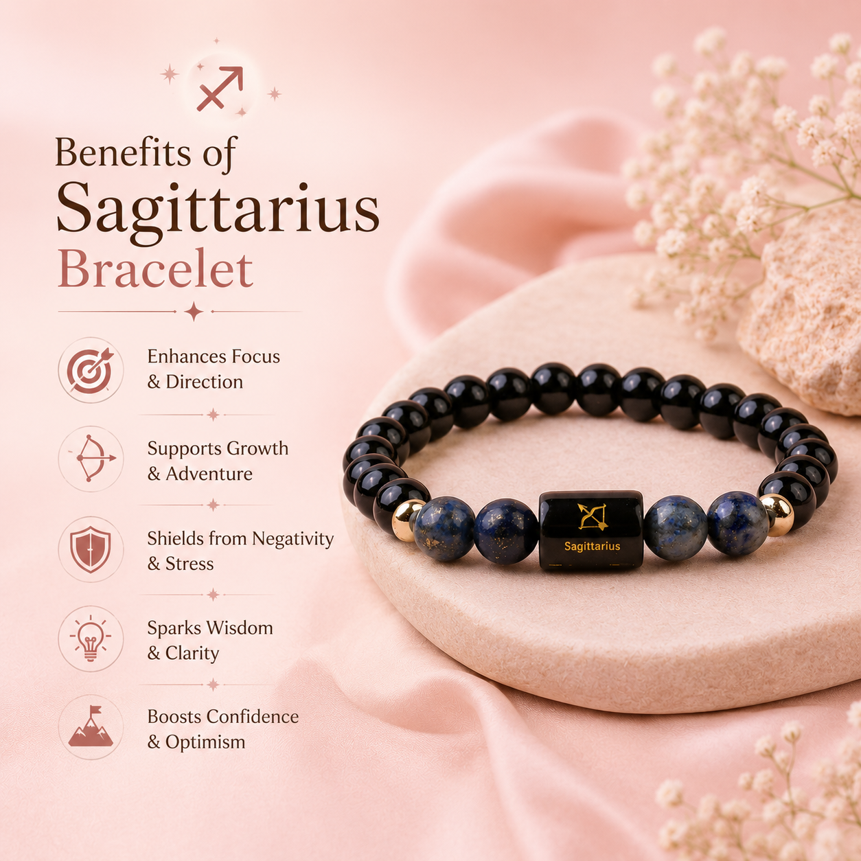 Sagittarius (धनु राशि) Zodiac Black Obsidian & Lapis Lazuli Bracelet (With Certificate)