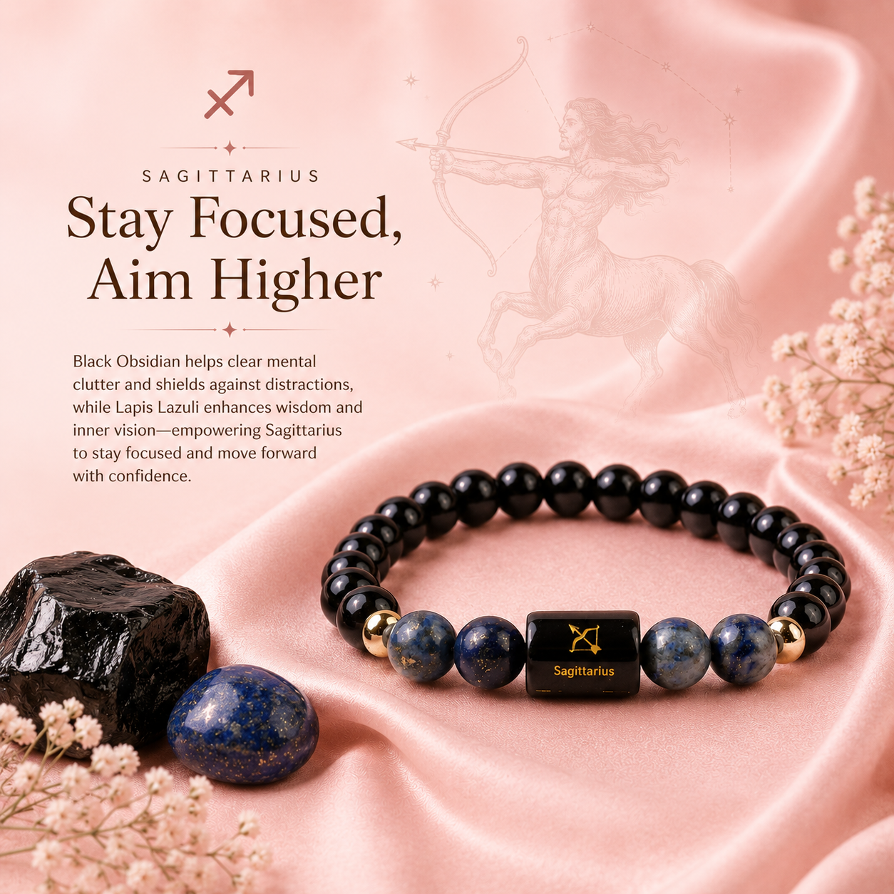 Sagittarius (धनु राशि) Zodiac Black Obsidian & Lapis Lazuli Bracelet (With Certificate)