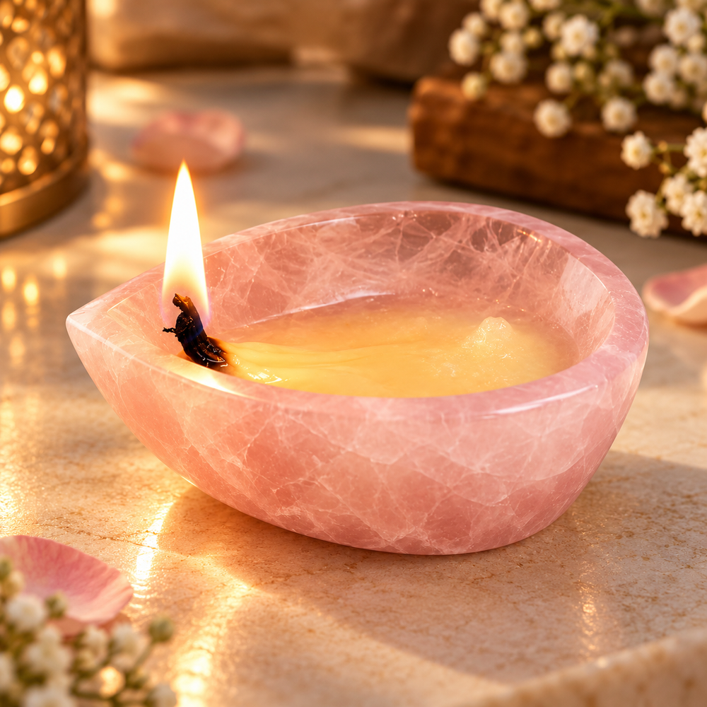 Natural Rose Quartz Crystal Diya (With Certificate)