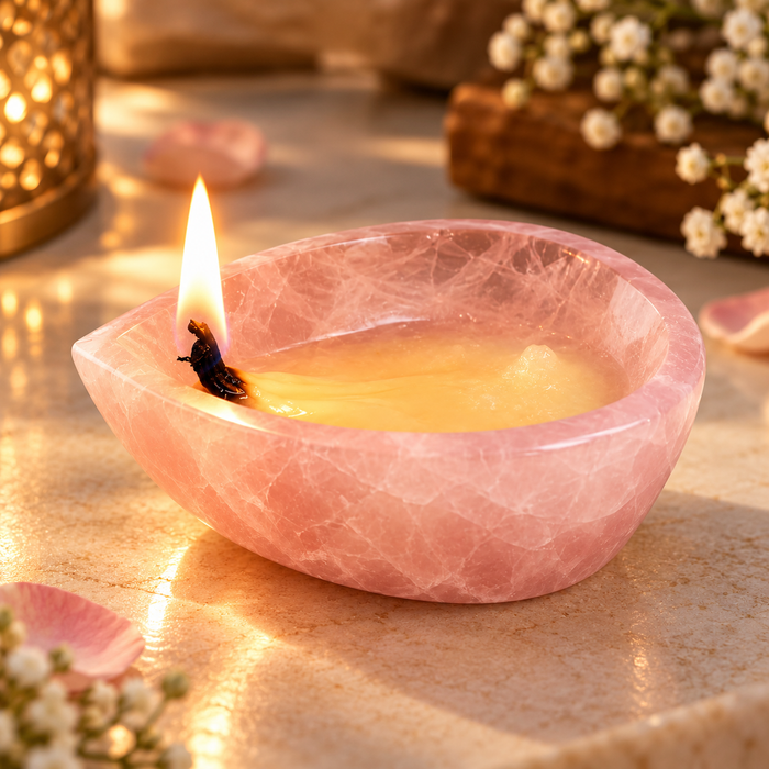 Natural Rose Quartz Crystal Diya (With Certificate)