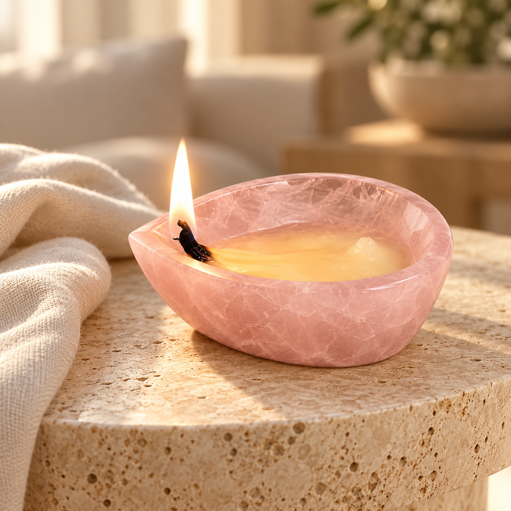 Natural Rose Quartz Crystal Diya (With Certificate)