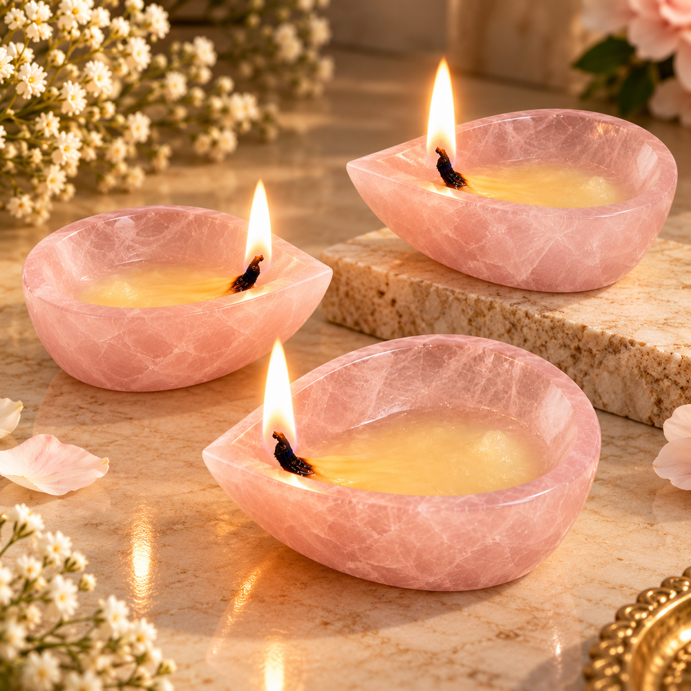 Natural Rose Quartz Crystal Diya (With Certificate)