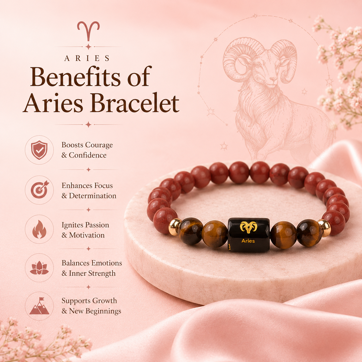 Aries (मेष राशि) Zodiac Red Jasper & Tiger Eye Bracelet (With Certificate)