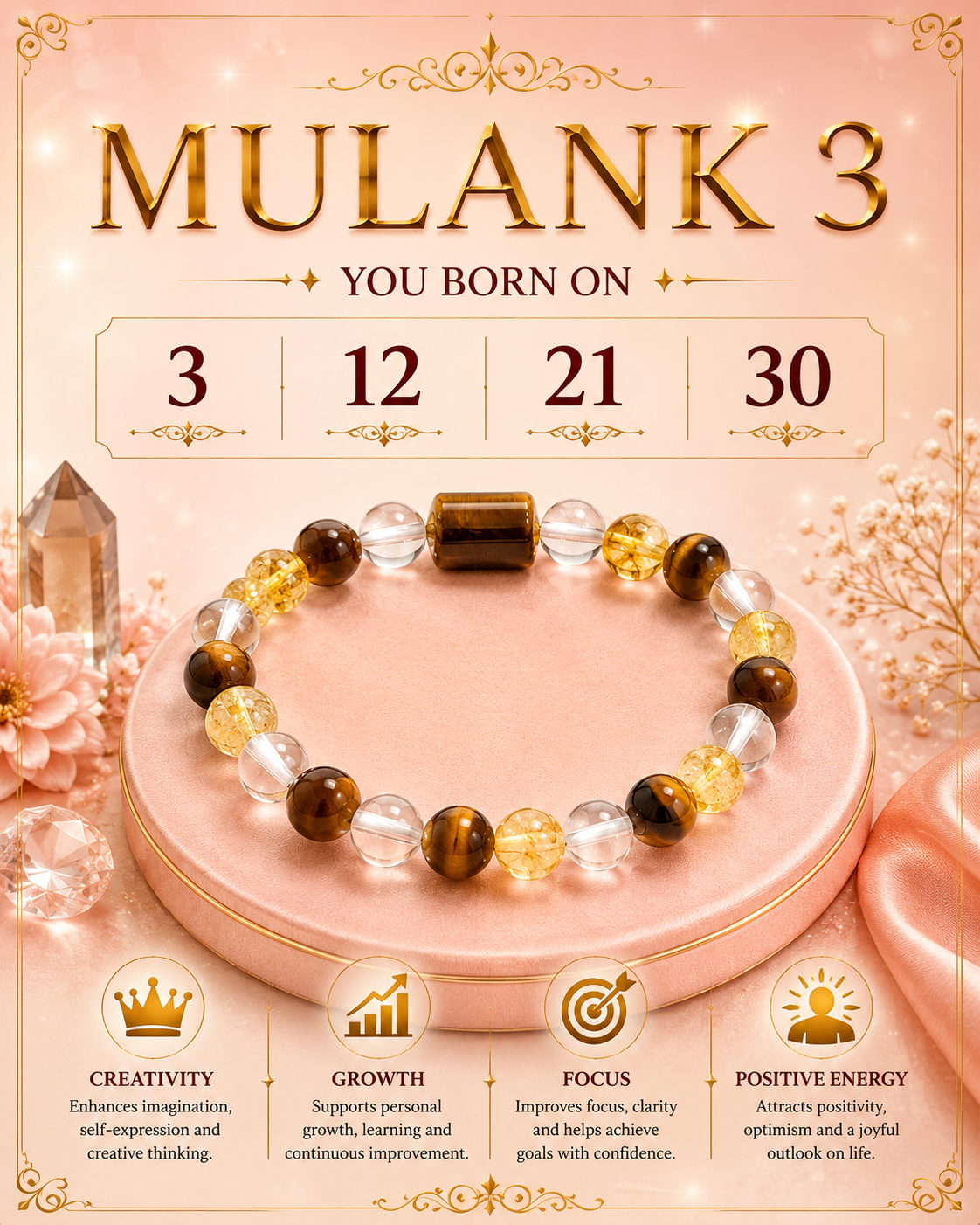 Mulank 3 Bracelet for Birth Dates 3, 12, 21 & 30 | Free Raw Selenite Plate (With Certificate)