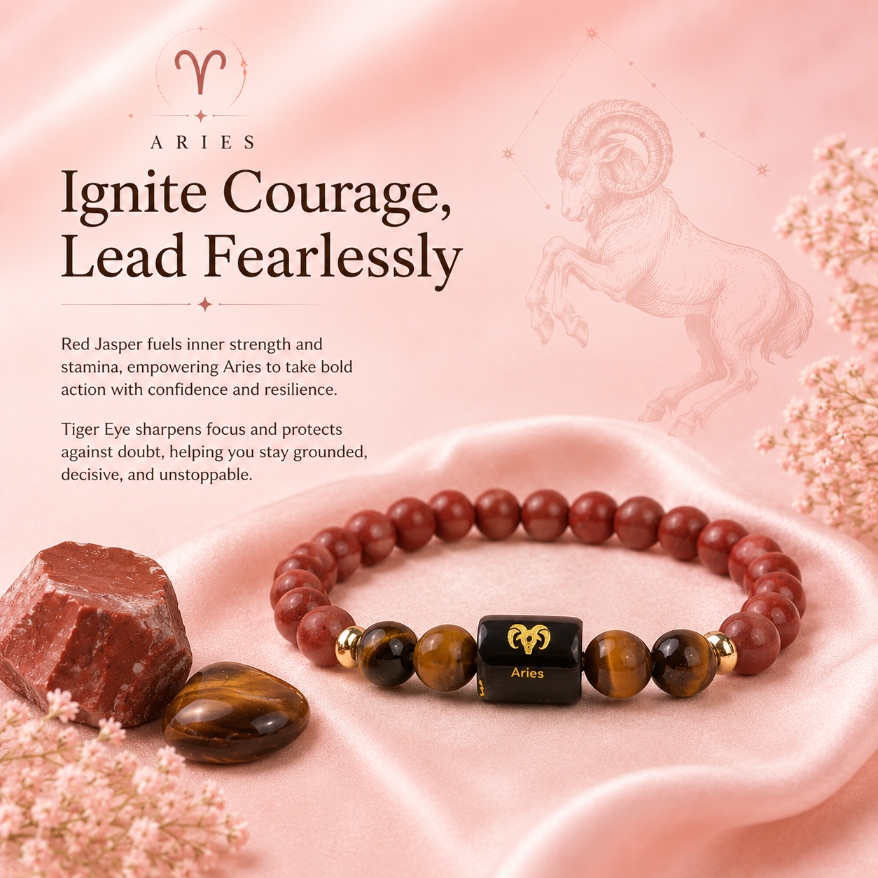 Aries (मेष राशि) Zodiac Red Jasper & Tiger Eye Bracelet (With Certificate)