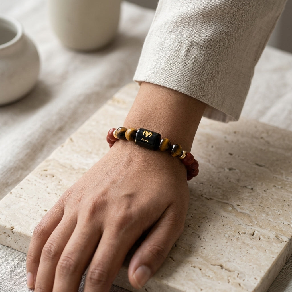 Aries (मेष राशि) Zodiac Red Jasper & Tiger Eye Bracelet (With Certificate)