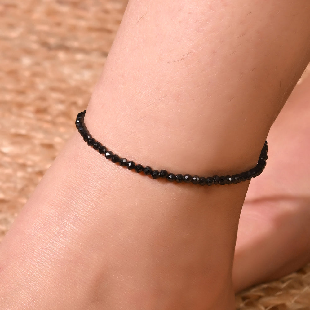 Natural Black Tourmaline Beaded Anklet (With Certificate)