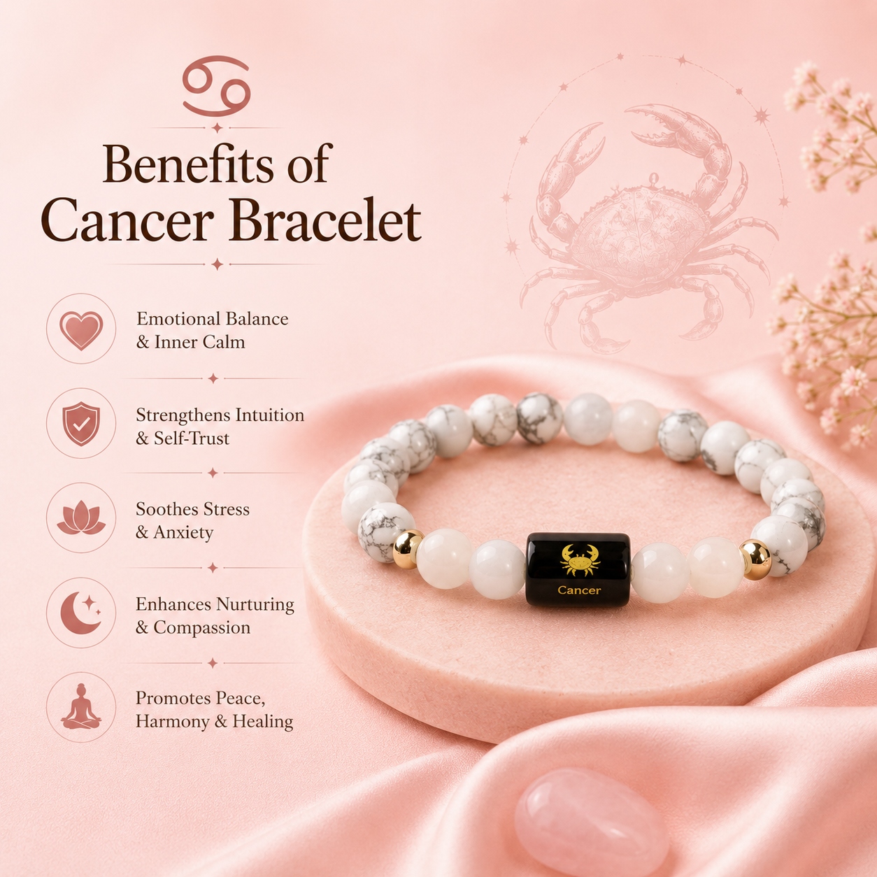 Cancer (कर्क राशि) Zodiac Howlite & Milky Quartz Bracelet (With Certificate)
