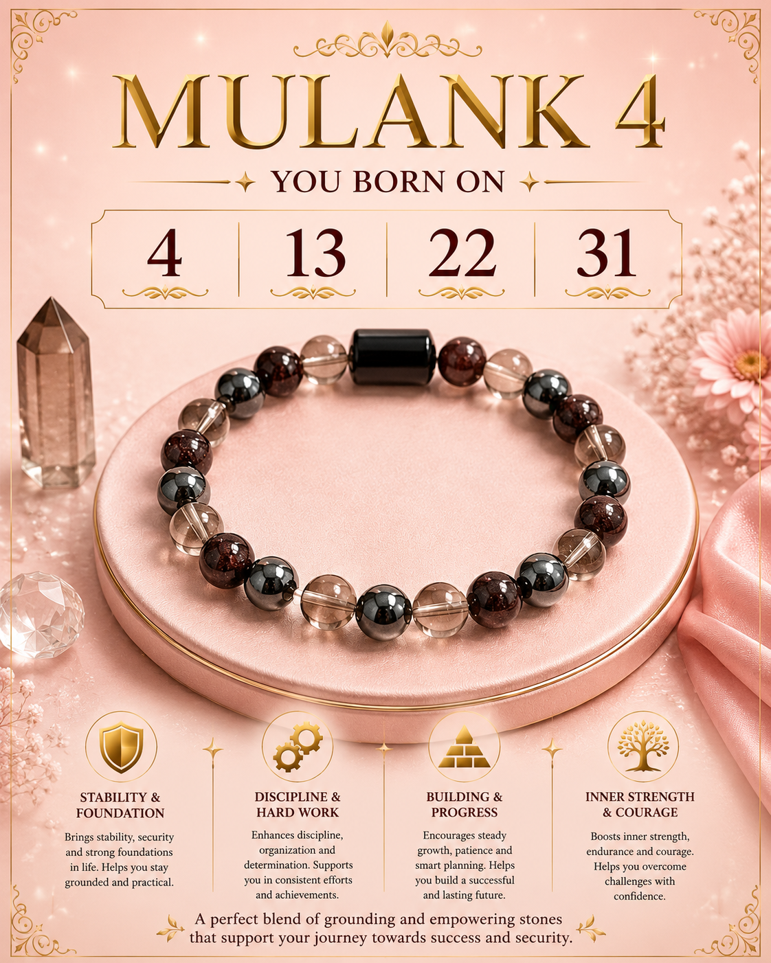 Mulank 4 Bracelet for Birth Dates 4, 13, 22 & 31 | Free Raw Selenite Plate (With Certificate)