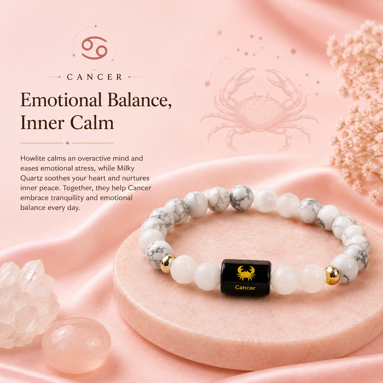 Cancer (कर्क राशि) Zodiac Howlite & Milky Quartz Bracelet (With Certificate)