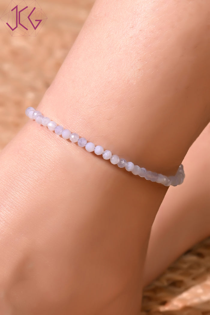 Natural Blue Lace Agate Beaded Anklet (With Certificate)