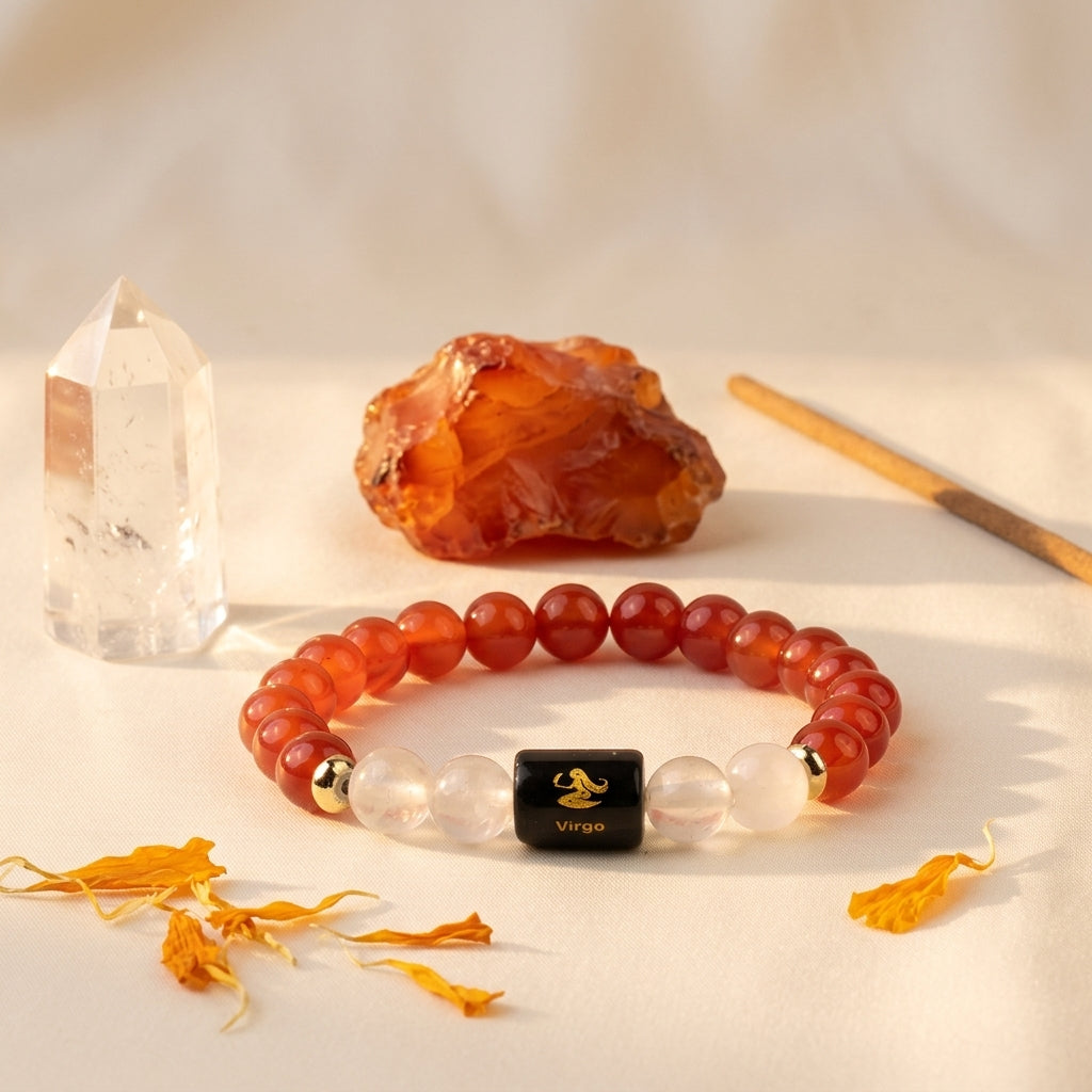 Virgo (कन्या राशि) Zodiac Carnelian & Milky Quartz Bracelet (With Certificate)