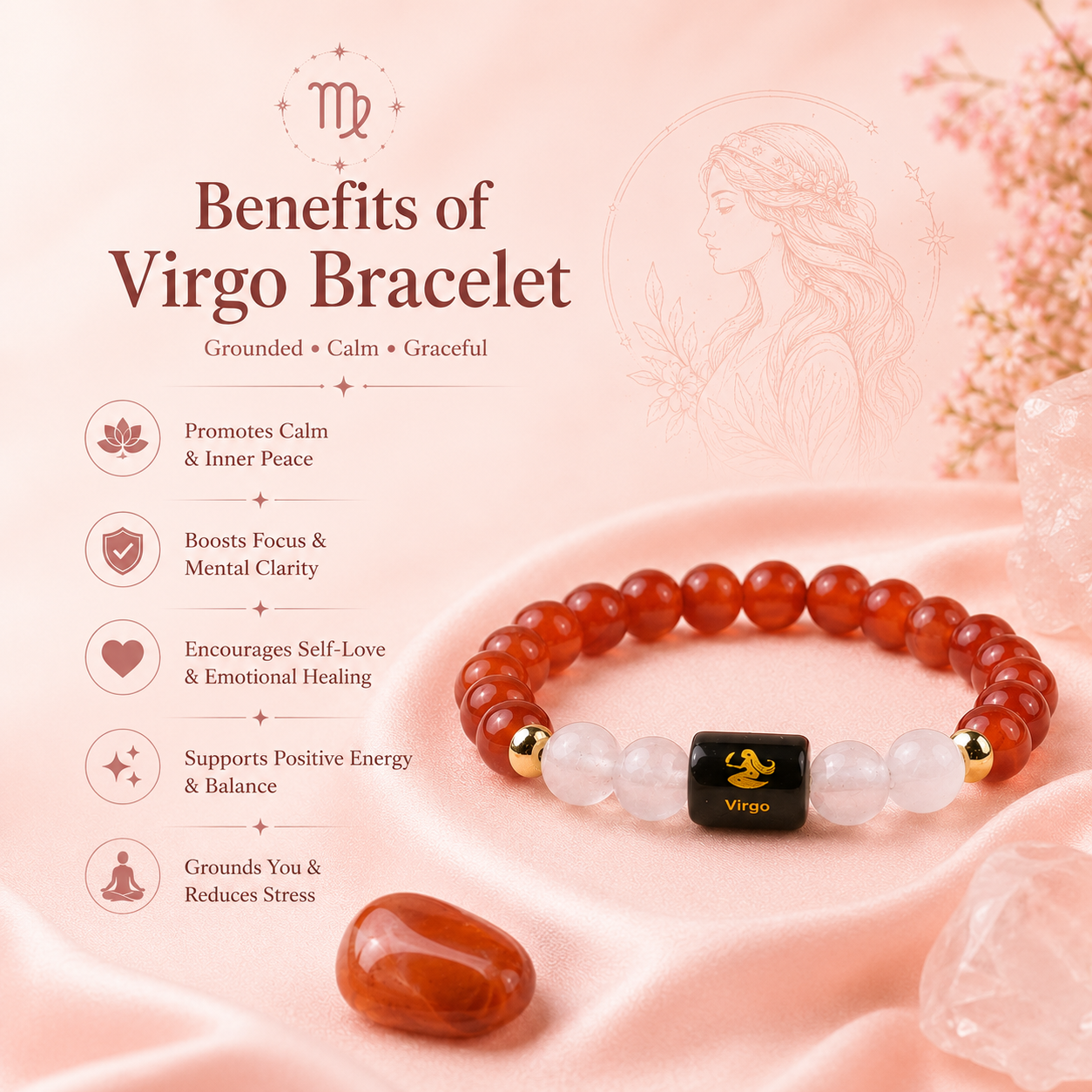 Virgo (कन्या राशि) Zodiac Carnelian & Milky Quartz Bracelet (With Certificate)