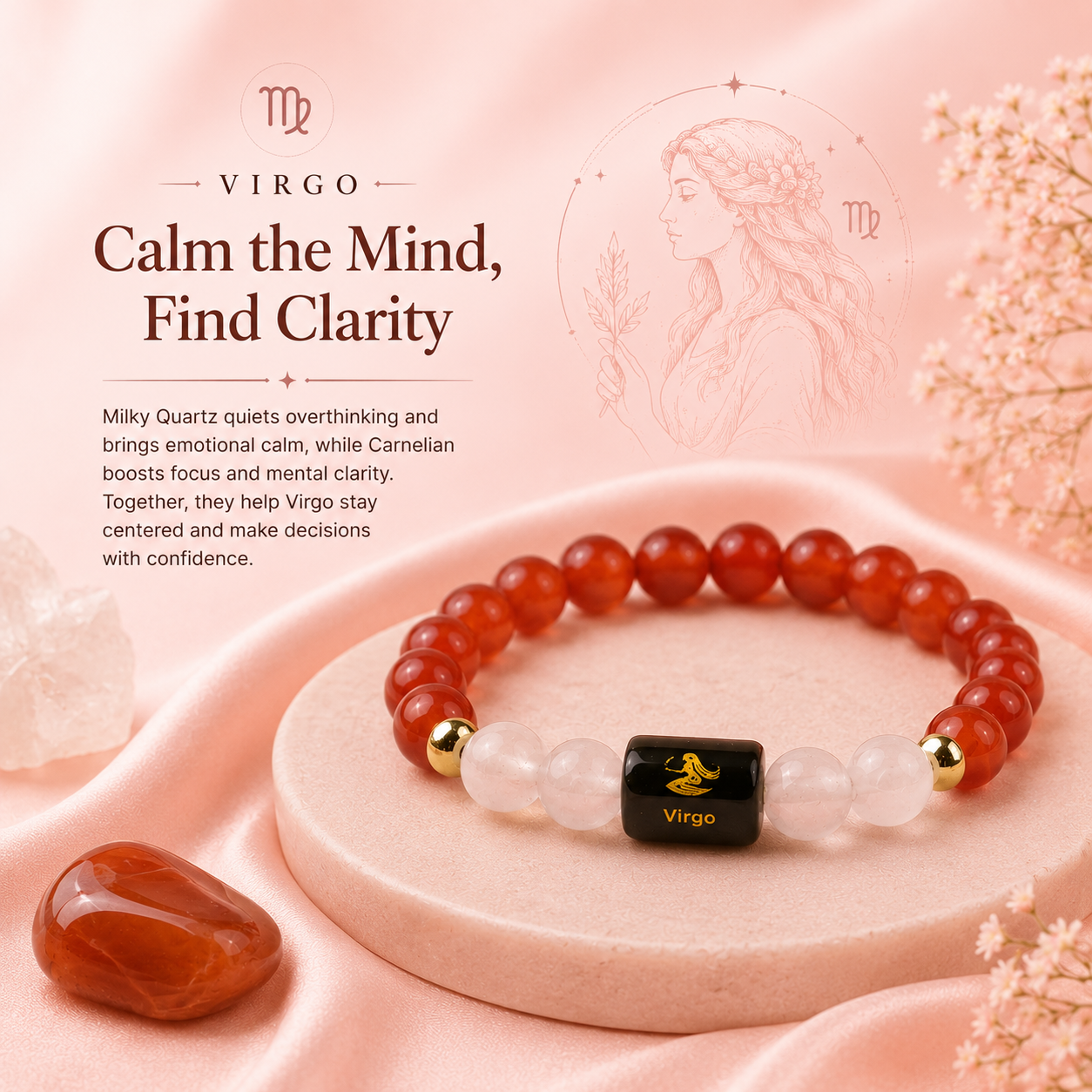 Virgo (कन्या राशि) Zodiac Carnelian & Milky Quartz Bracelet (With Certificate)