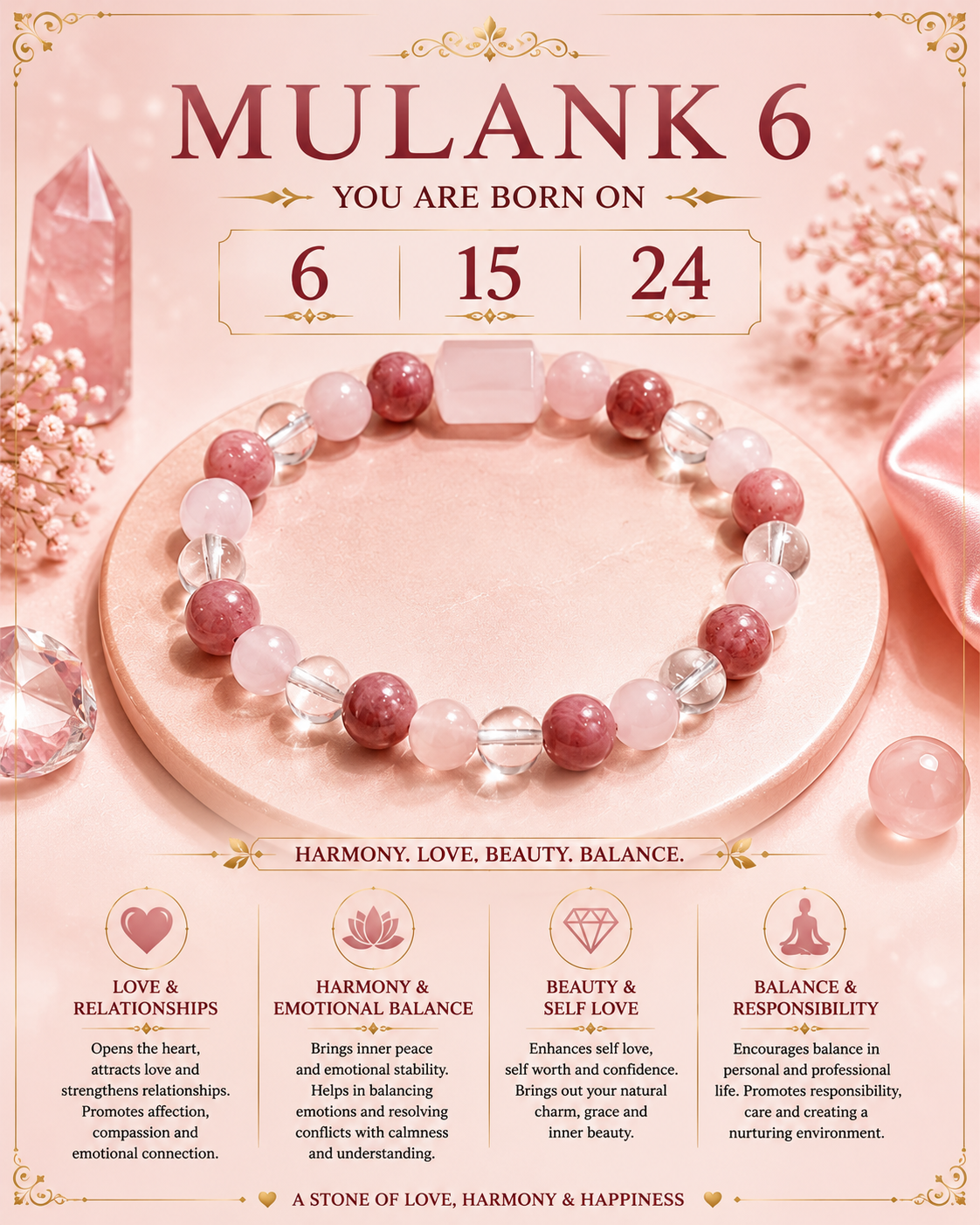 Mulank 6 Bracelet for Birth Dates 6, 15 & 24 | Free Raw Selenite Plate (With Certificate)