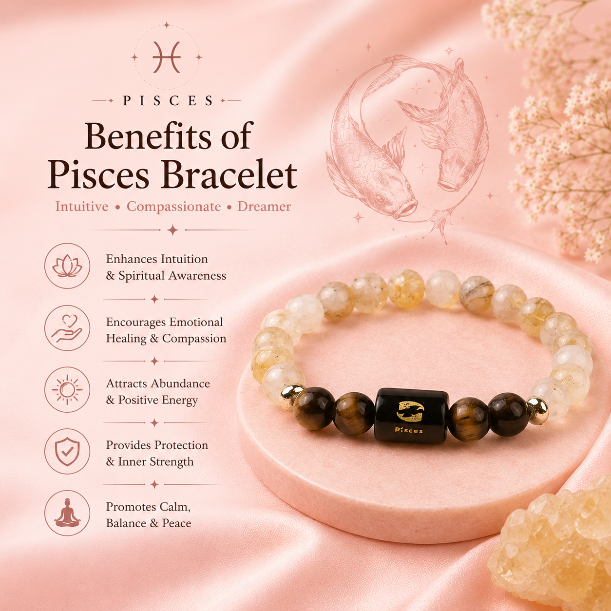 Pisces (मीन राशि) Zodiac Citrine & Tiger Eye Bracelet (With Certificate)