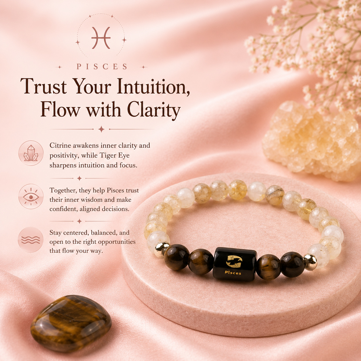 Pisces (मीन राशि) Zodiac Citrine & Tiger Eye Bracelet (With Certificate)
