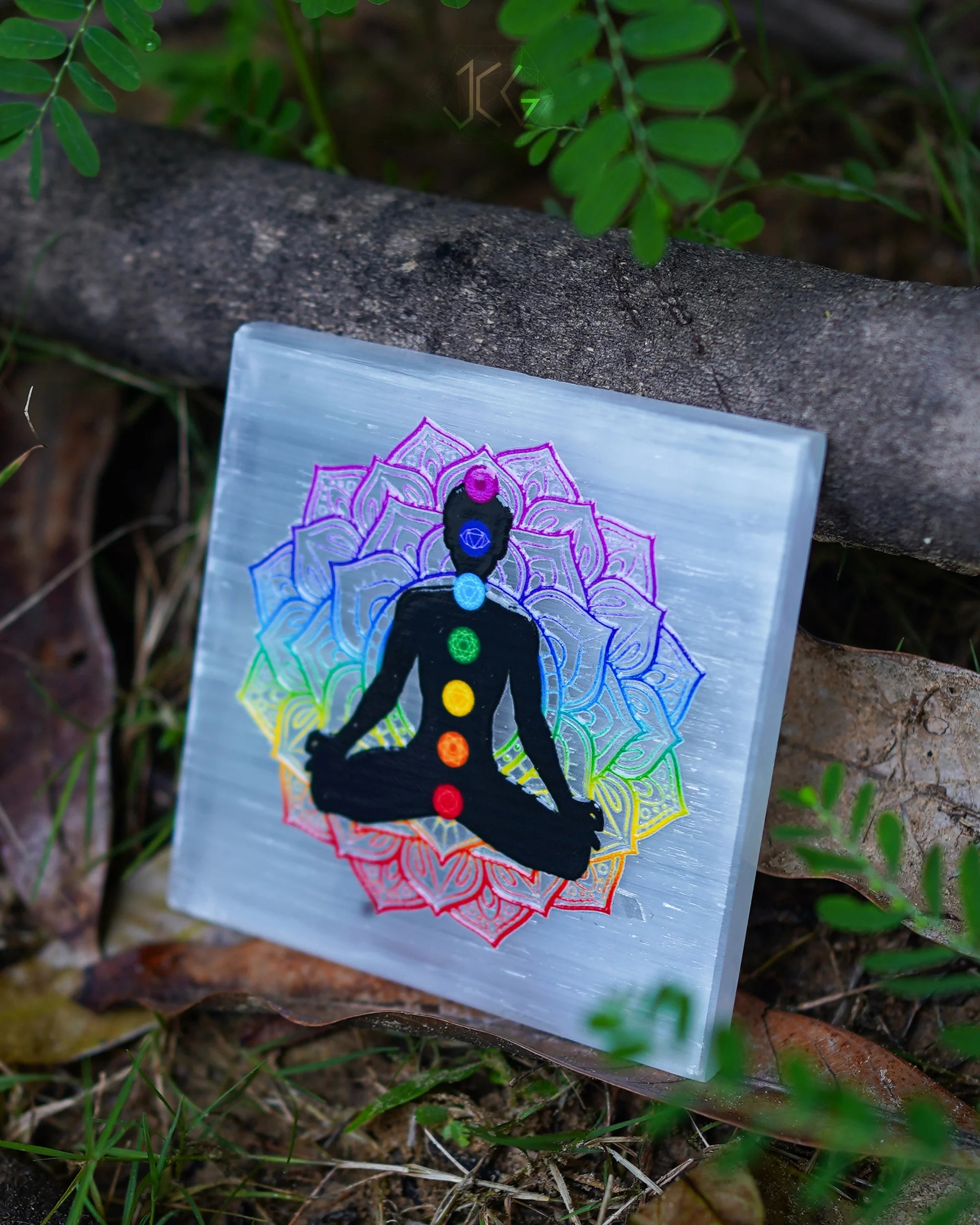 7 Chakra Selenite Plate (Black) - Jaipur Crystal Gems