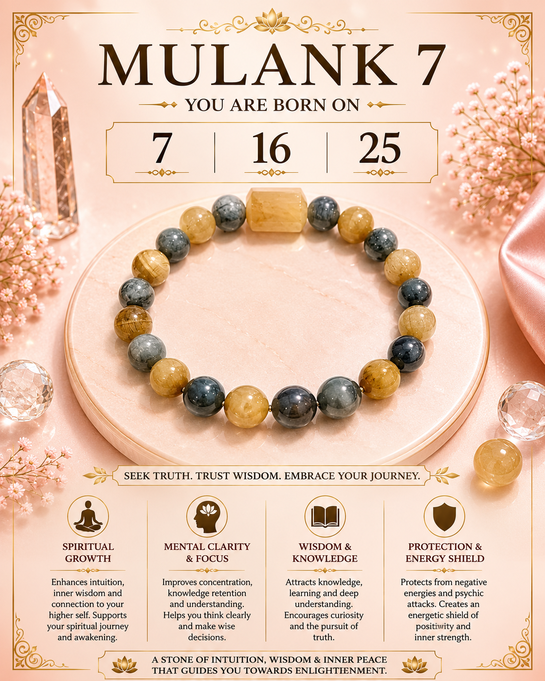 Mulank 7 Bracelet for Birth Dates 7, 16 & 25 | Free Raw Selenite Plate (With Certificate)