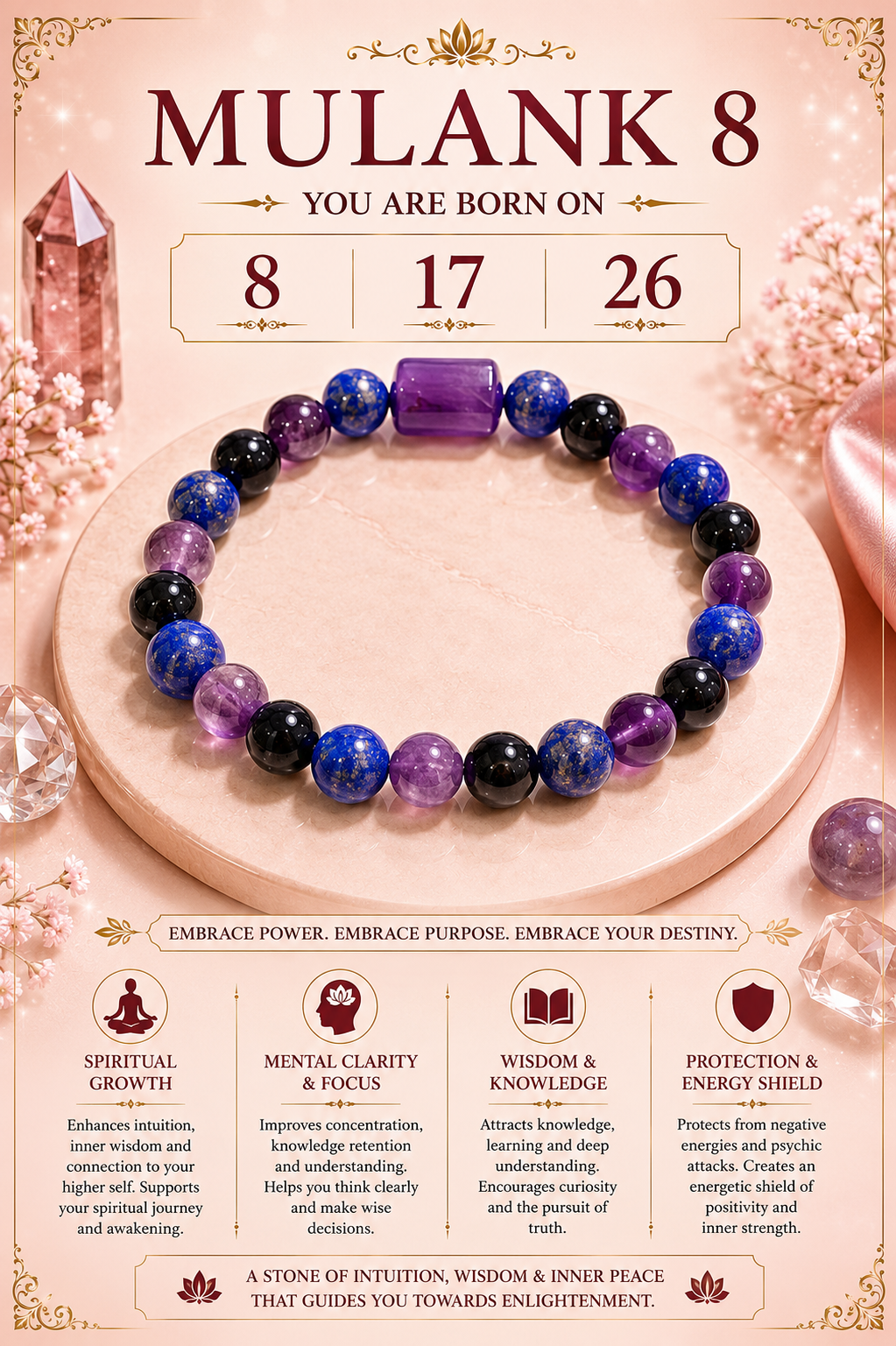 Mulank 8 Bracelet for Birth Dates 8, 17 & 26 | Free Raw Selenite Plate (With Certificate)