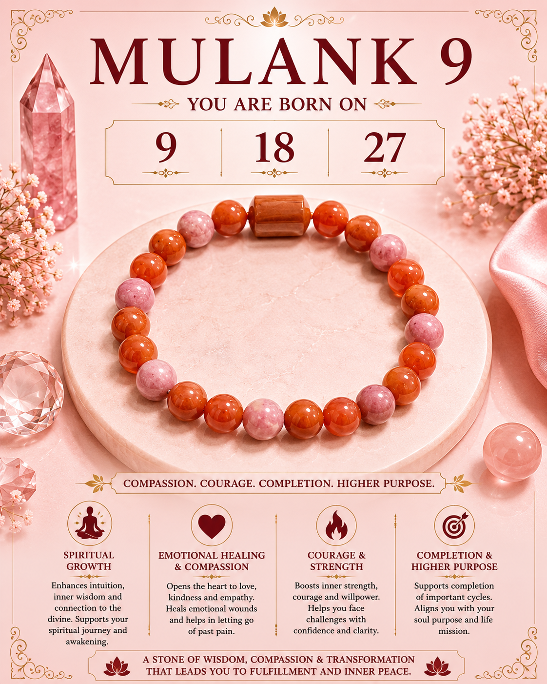 Mulank 9 Bracelet for Birth Dates 9, 18 & 27 | Free Raw Selenite Plate (With Certificate)