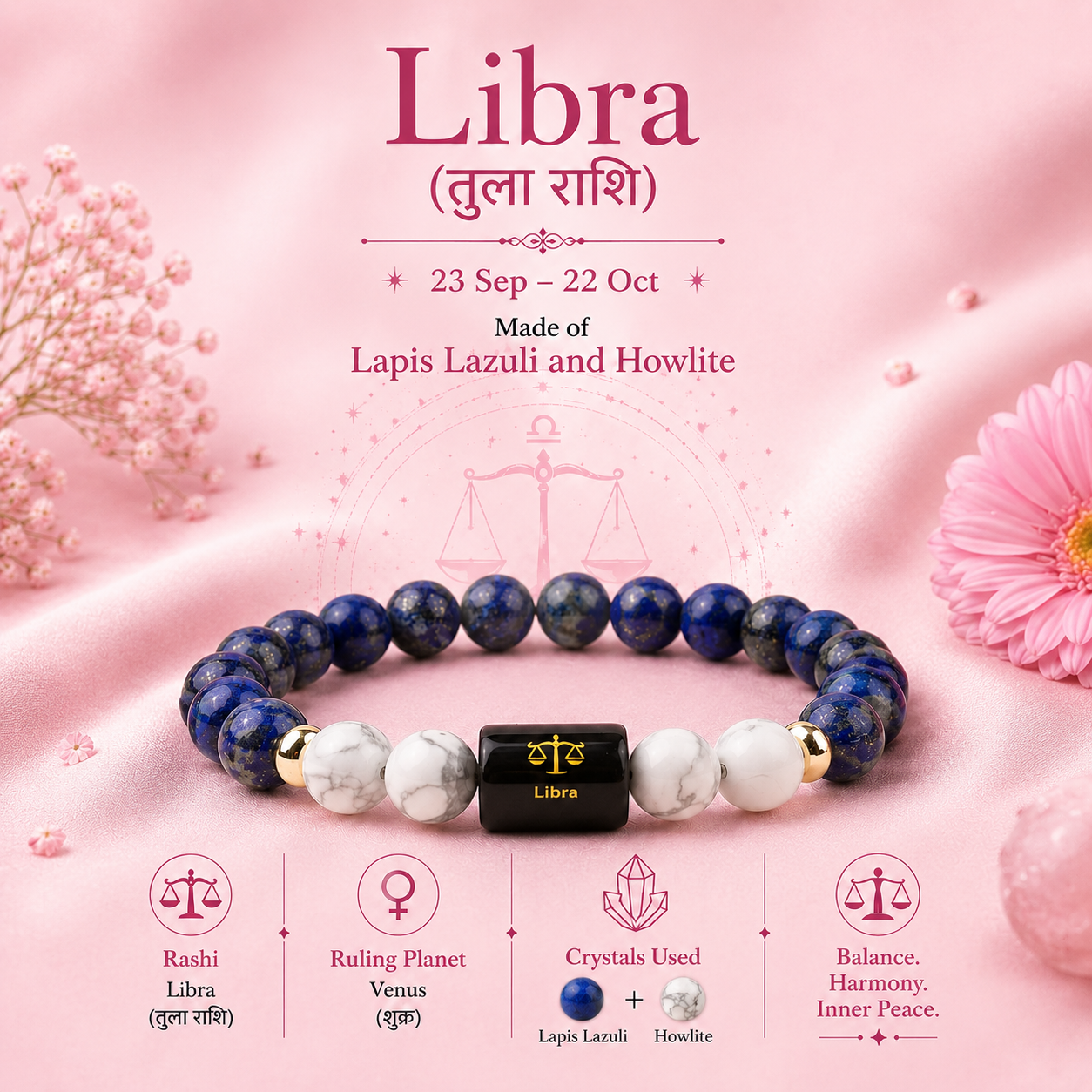 Libra (तुला राशि) Zodiac Lapis Lazuli & Howlite Bracelet (With Certificate)