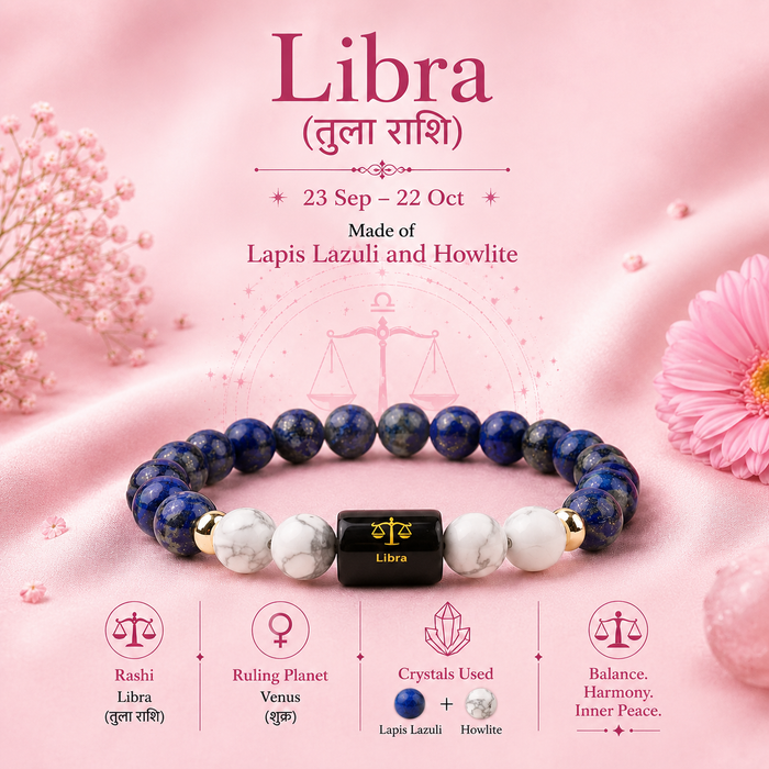 Libra (तुला राशि) Zodiac Lapis Lazuli & Howlite Bracelet (With Certificate) – Free Raw Selenite Plate