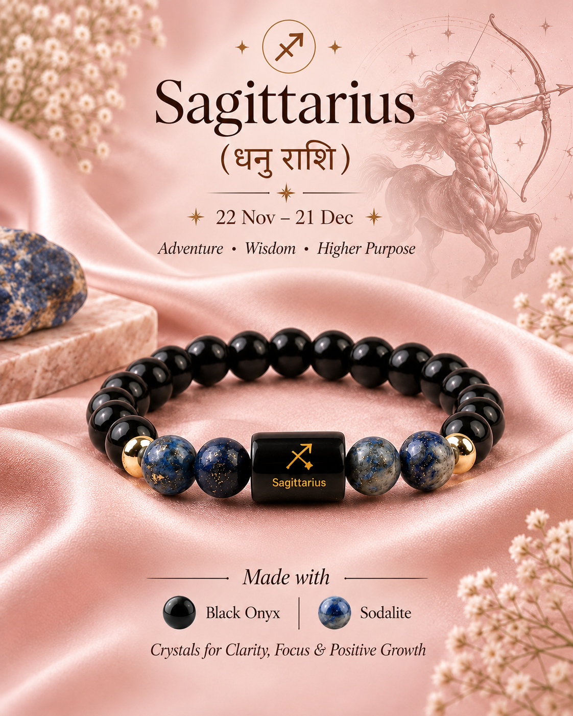 Sagittarius (धनु राशि) Zodiac Black Obsidian & Lapis Lazuli Bracelet (With Certificate)