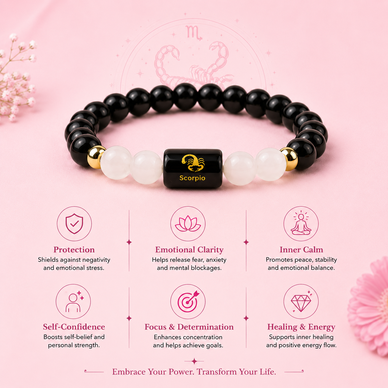 Scorpio (वृश्चिक राशि) Zodiac Milky Quartz & Black Obsidian Bracelet (With Certificate)