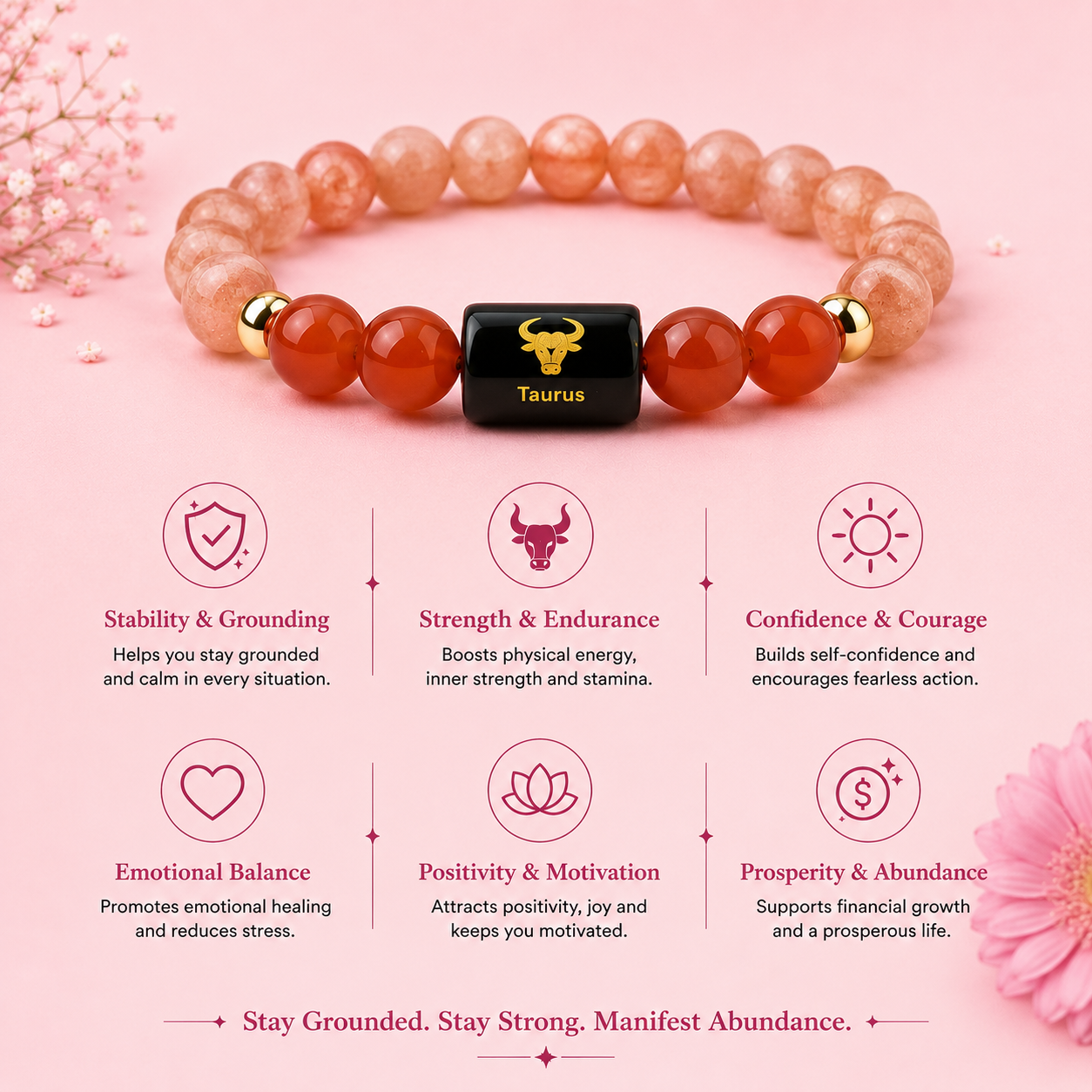 Taurus (वृषभ राशि) Zodiac Sunstone & Carnelian Bracelet (With Certificate)
