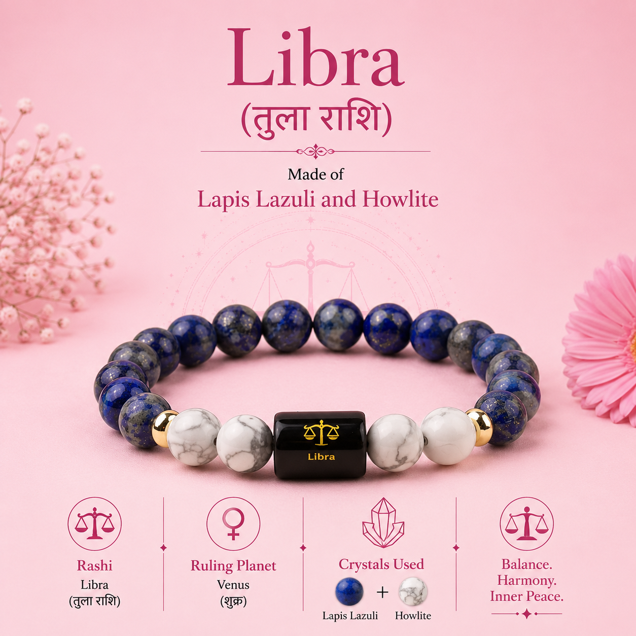 Libra (तुला राशि) Zodiac Lapis Lazuli & Howlite Bracelet (With Certificate)