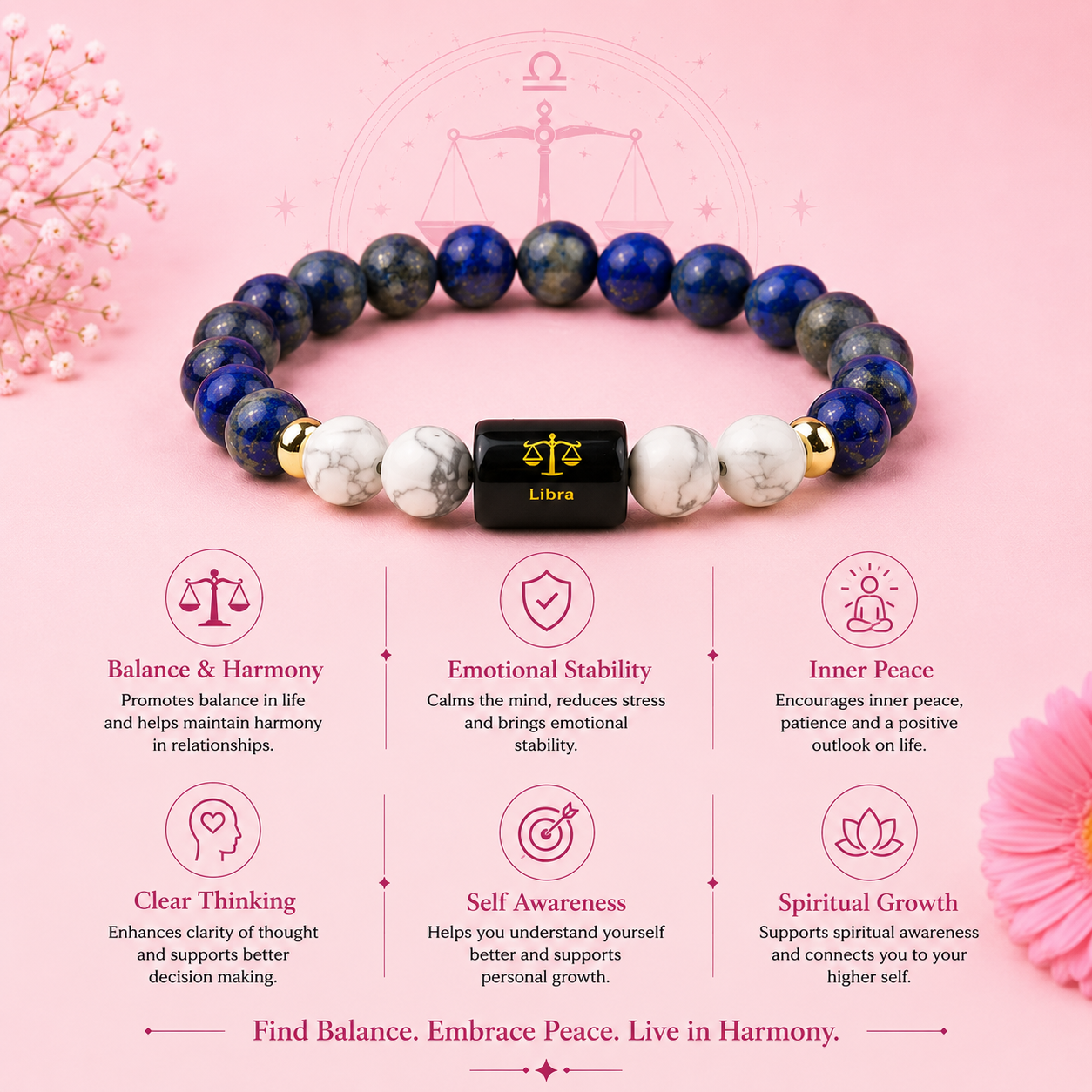 Libra (तुला राशि) Zodiac Lapis Lazuli & Howlite Bracelet (With Certificate)