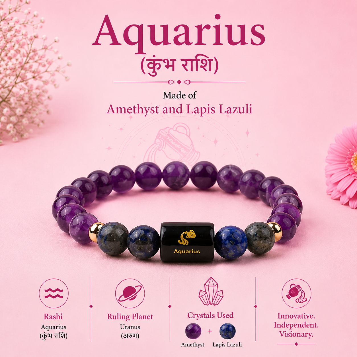 Aquarius (कुंभ राशि) Zodiac Amethyst & Lapis Lazuli Bracelet (With Certificate)