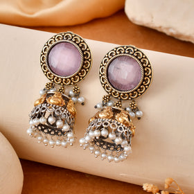 Pink Jhumka Dandiya White Metal Earrings